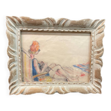 Dry pastels on paper “woman knitting on the beach”