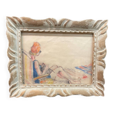 Pastels secs sur papier « femme tricotant sur la plage »
