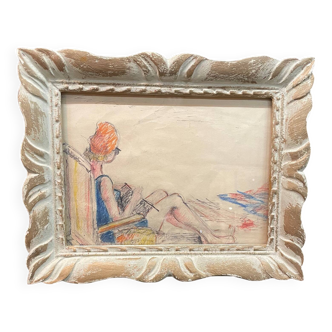 Pastels secs sur papier « femme tricotant sur la plage »