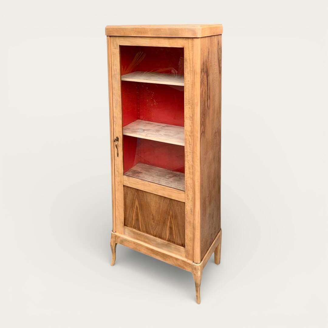 Vintage glass-fronted cabinet, raw wood, 1950s