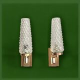 Pair of vintage wall sconces in molded glass and gilded brass