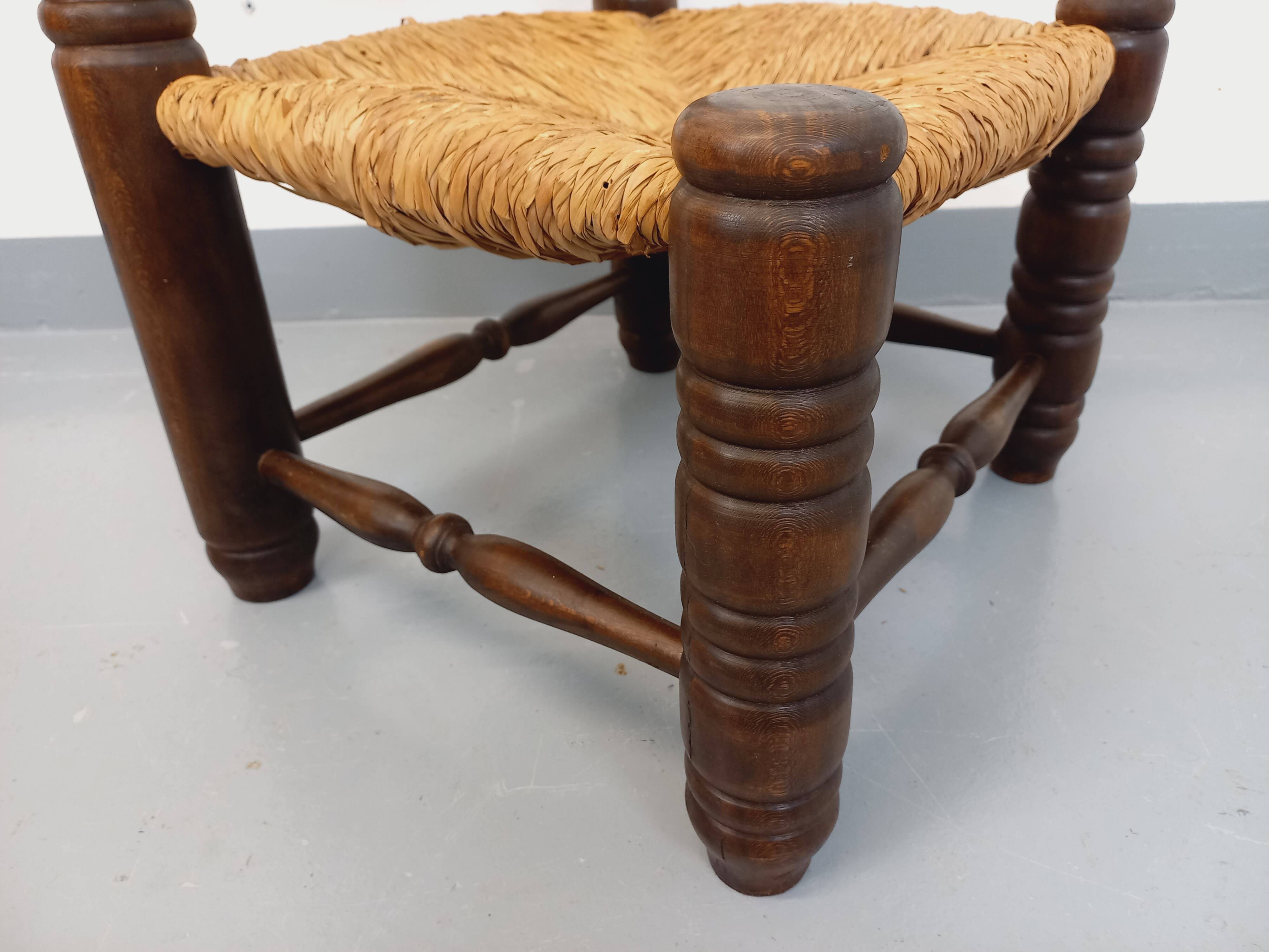Vintage Charles Dudouyt Brutalist Low Chair in Wood and Straw, 1940s