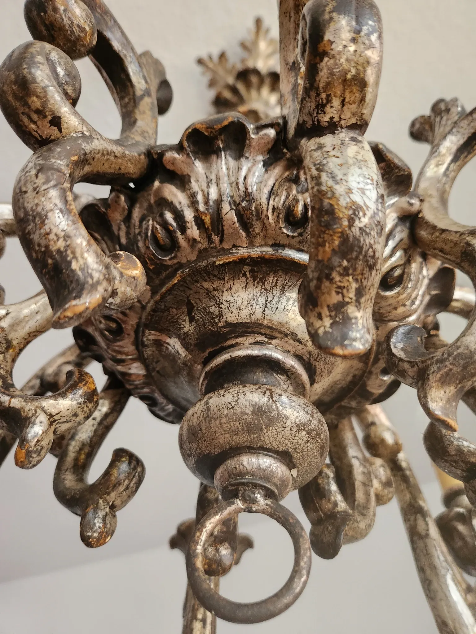 Xl Large Vintage Regency Mid Century Louis XV Baroque Rococo Hand Painted Carved Wood 8 Light Chandelier Floral, Italy, Florence 1920 1950