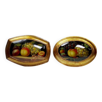 2 petites natures mortes huile sur bois bombé vintage Italien style Baroque