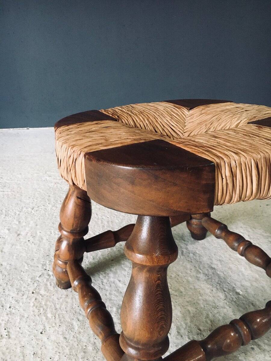 Rustic Low Oak and Rush Stools in the style of Charles Dudouyt, France, 1940s, Set of 2