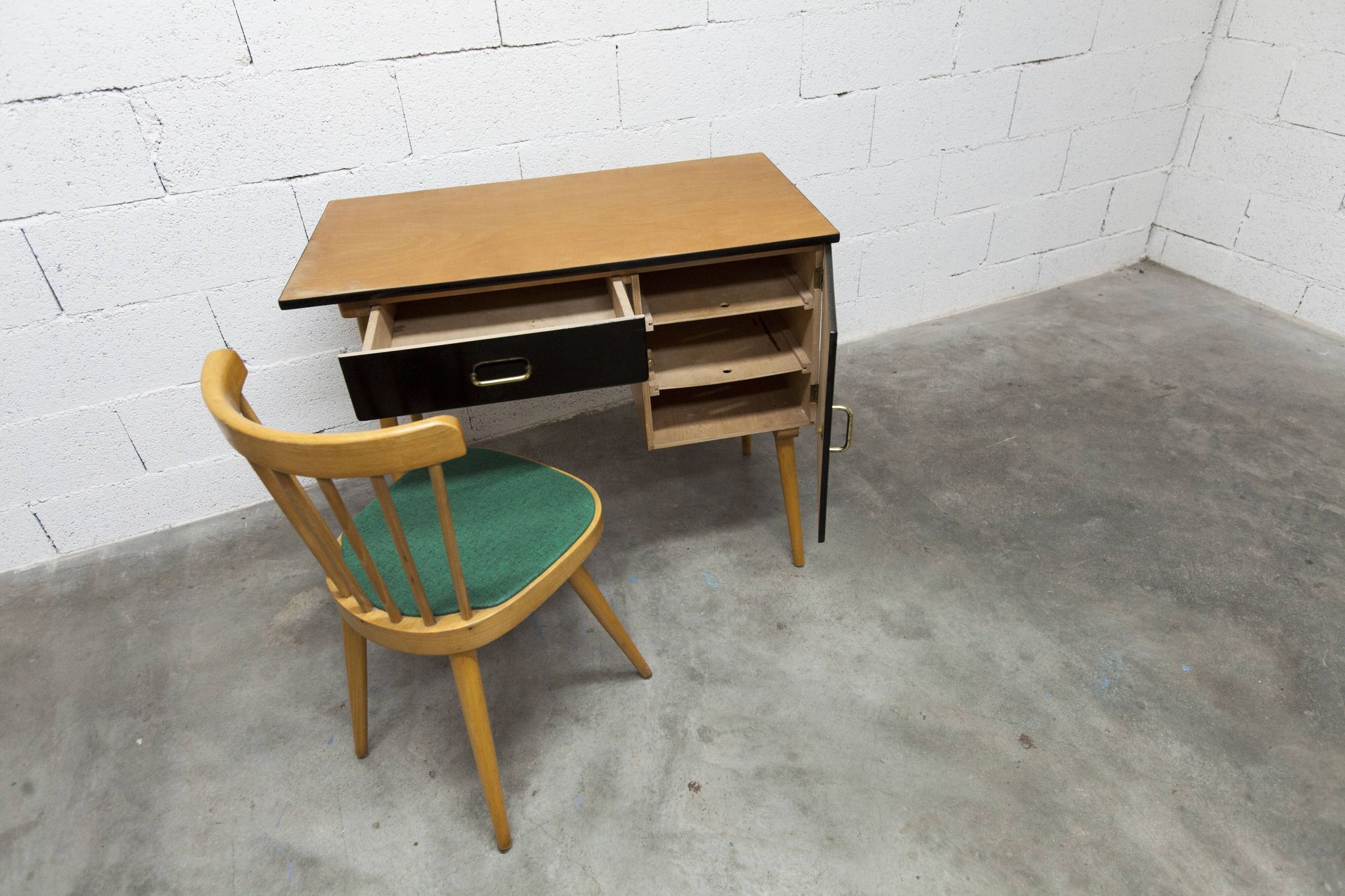 Baumann desk and chair, 1960s, Formica, wood and black, green seat