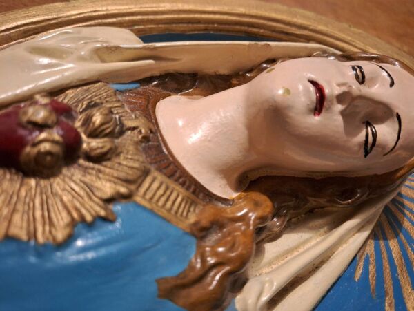 Cadre vintage de la Vierge en plâtre, tableau religieux ancien