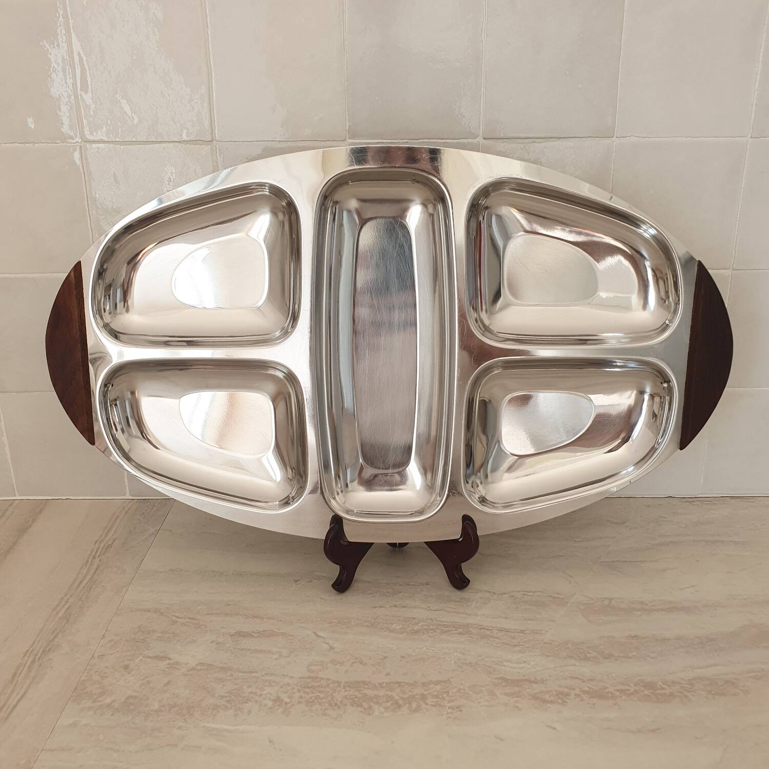 Plateau inox 18/10 poignées en bois multi compartiment Vintage