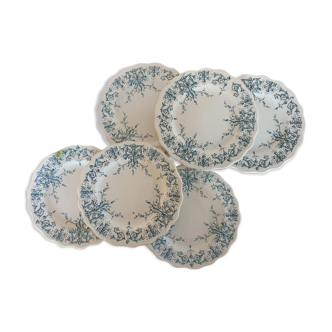 6 assiettes plates anciennes en terre de fer modèle "Moustiers" de la manufacture française de Clai