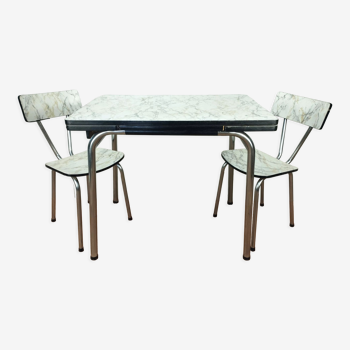 Table en formica et ses 2 chaises imitation marbre