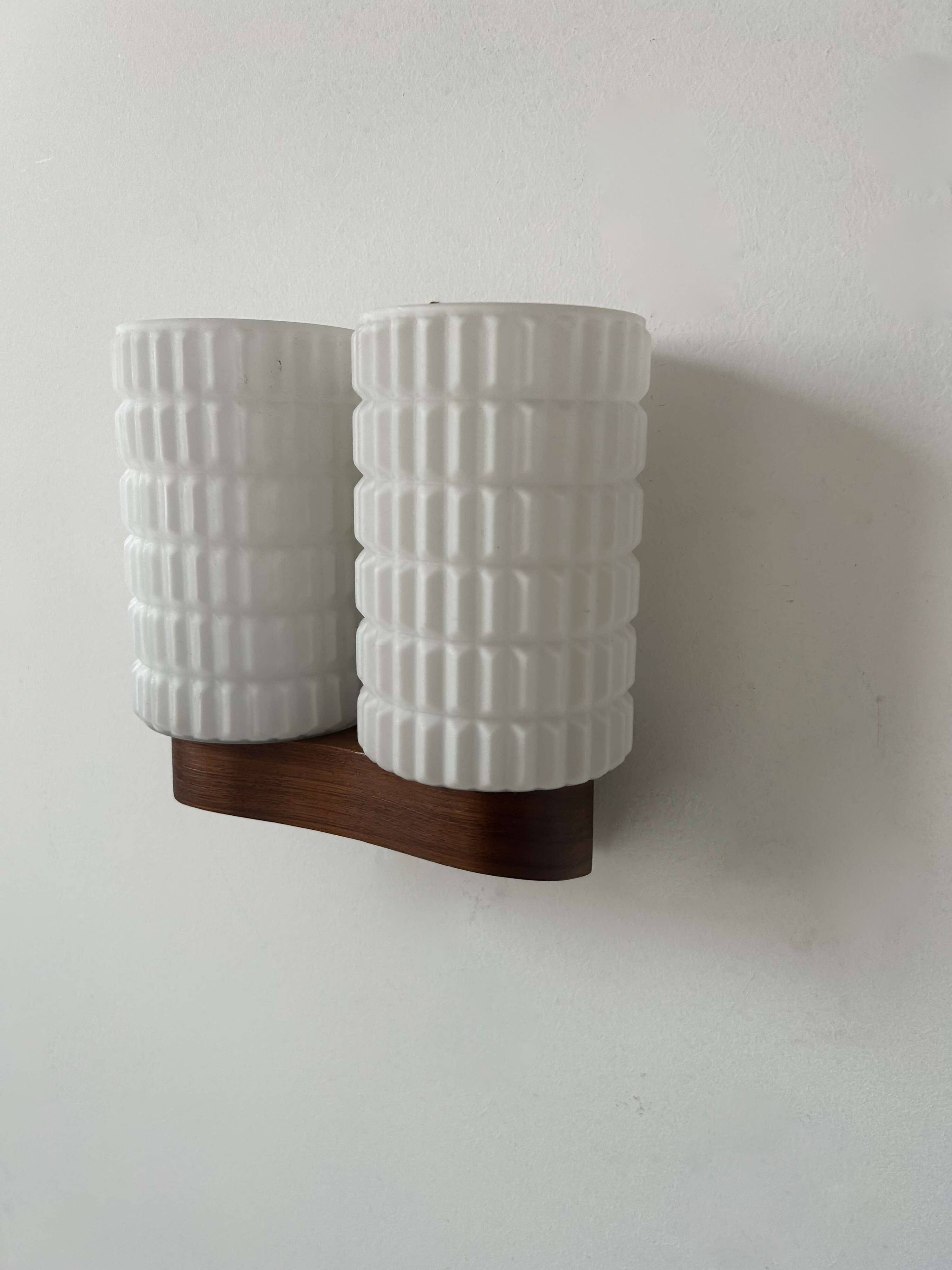 Vintage modernist teak and opaline wall lamp, Netherlands 1960s