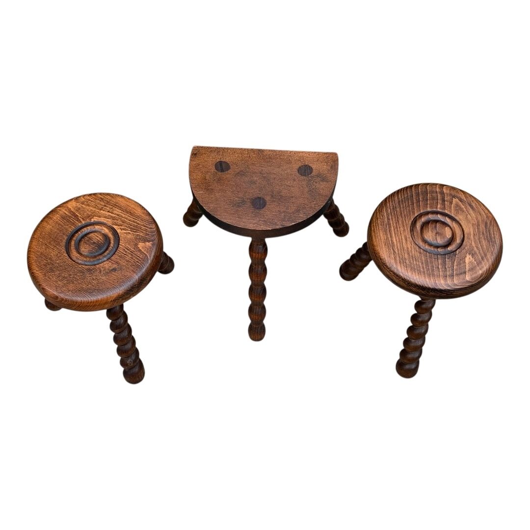 3 vintage turned wood stools