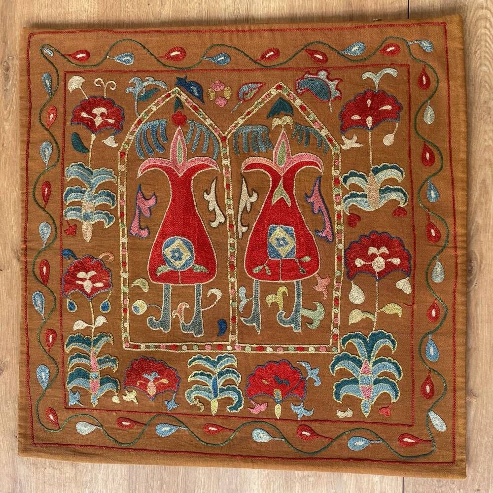 Silk Embroidered Brown Cushion Cover. Suzani Textile Pillowcase. Traditional Folk Accent Pillow