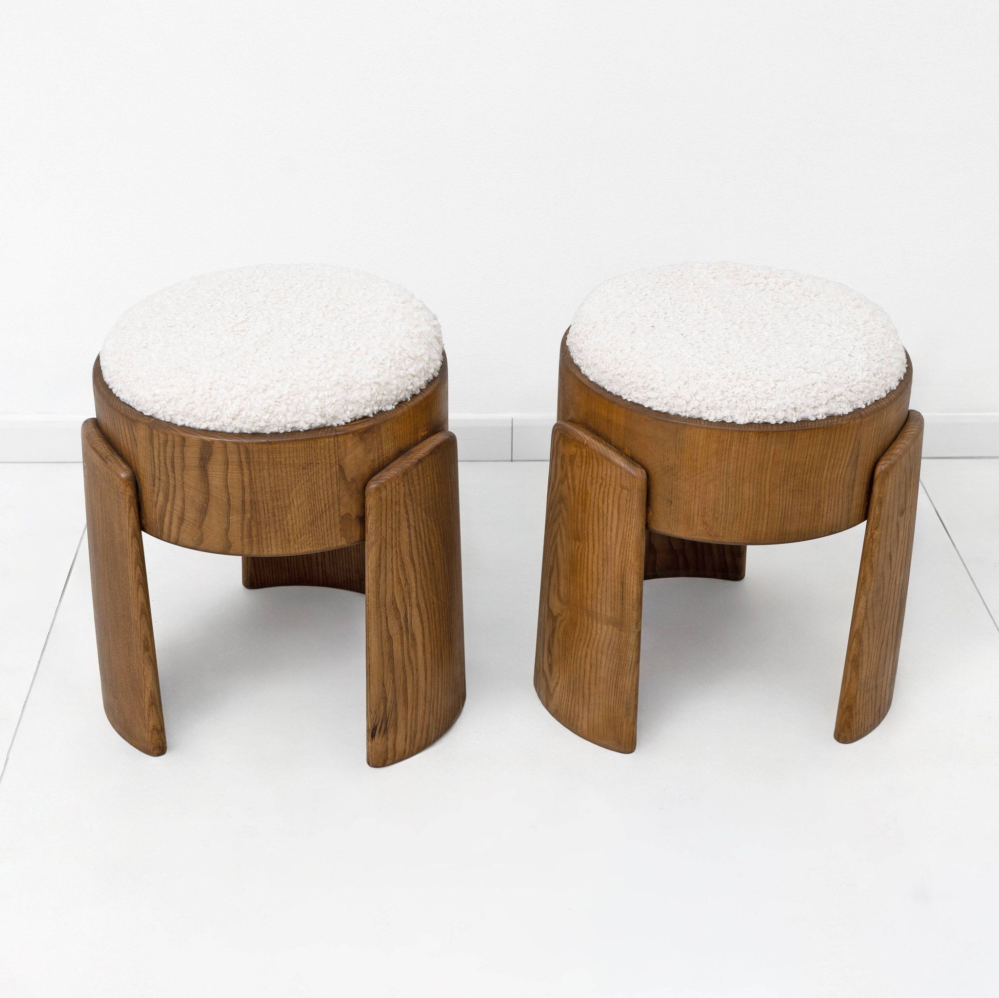 Pair of Art Deco Style Ash Wood Stools Upholstered in White Bouclé