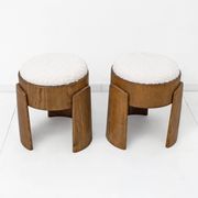 Pair of Art Deco Style Ash Wood Stools Upholstered in White Bouclé