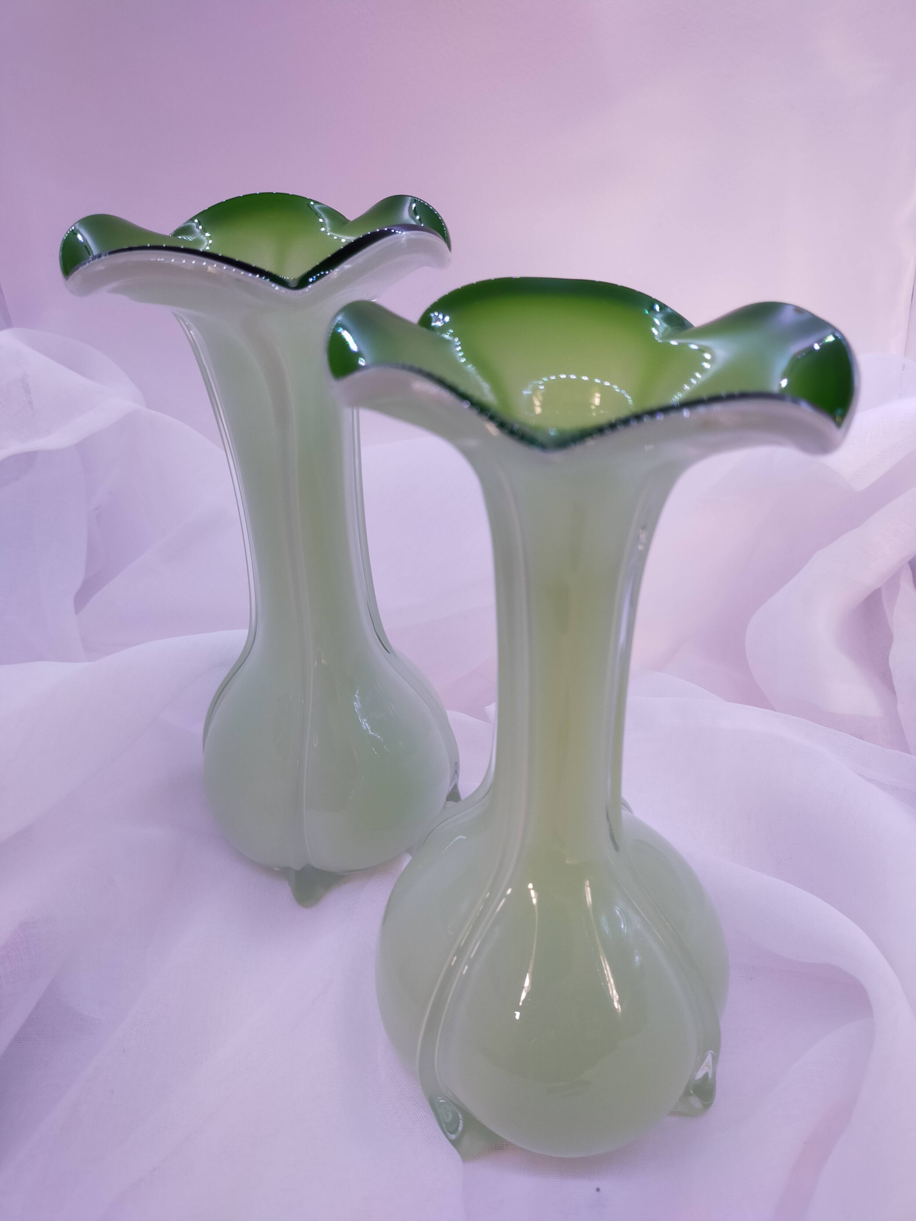 Pair of antique Murano style multi-layered blown glass vases, retro colored, Art Deco