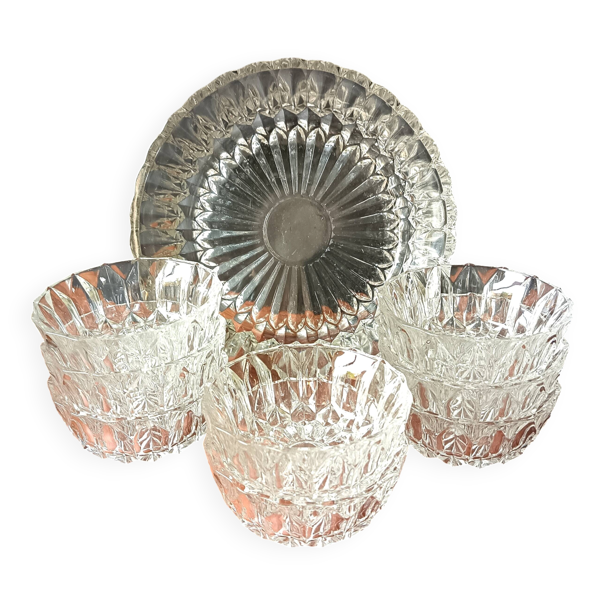Transparent glass dessert service, vintage salad bowl France.