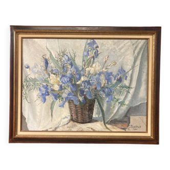 Georges prestat (1911-1994), bouquet of irises, oil on canvas from 1946