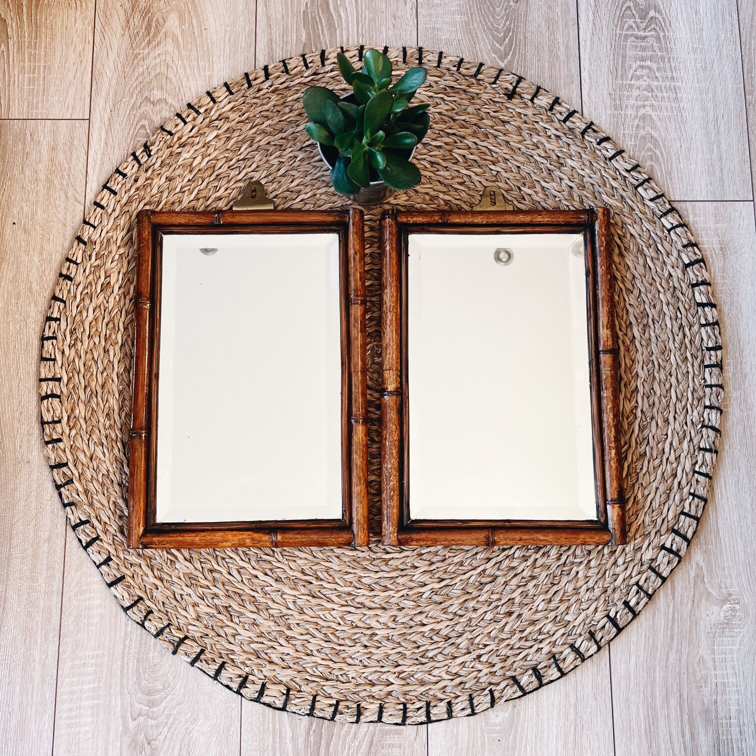 Duo of beveled bamboo mirrors