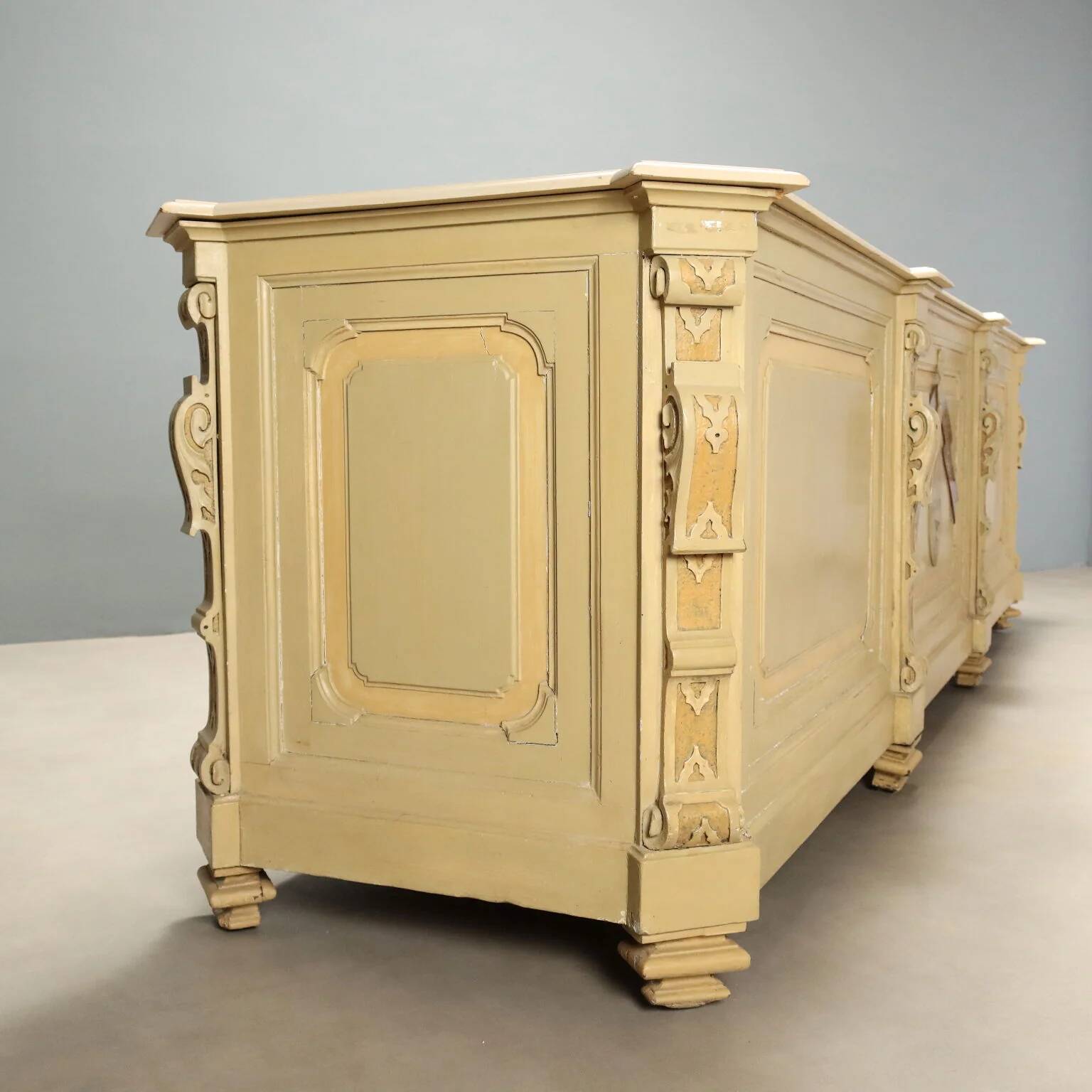 Antique pharmacy counter in lacquered walnut, Italy, late 19th century.