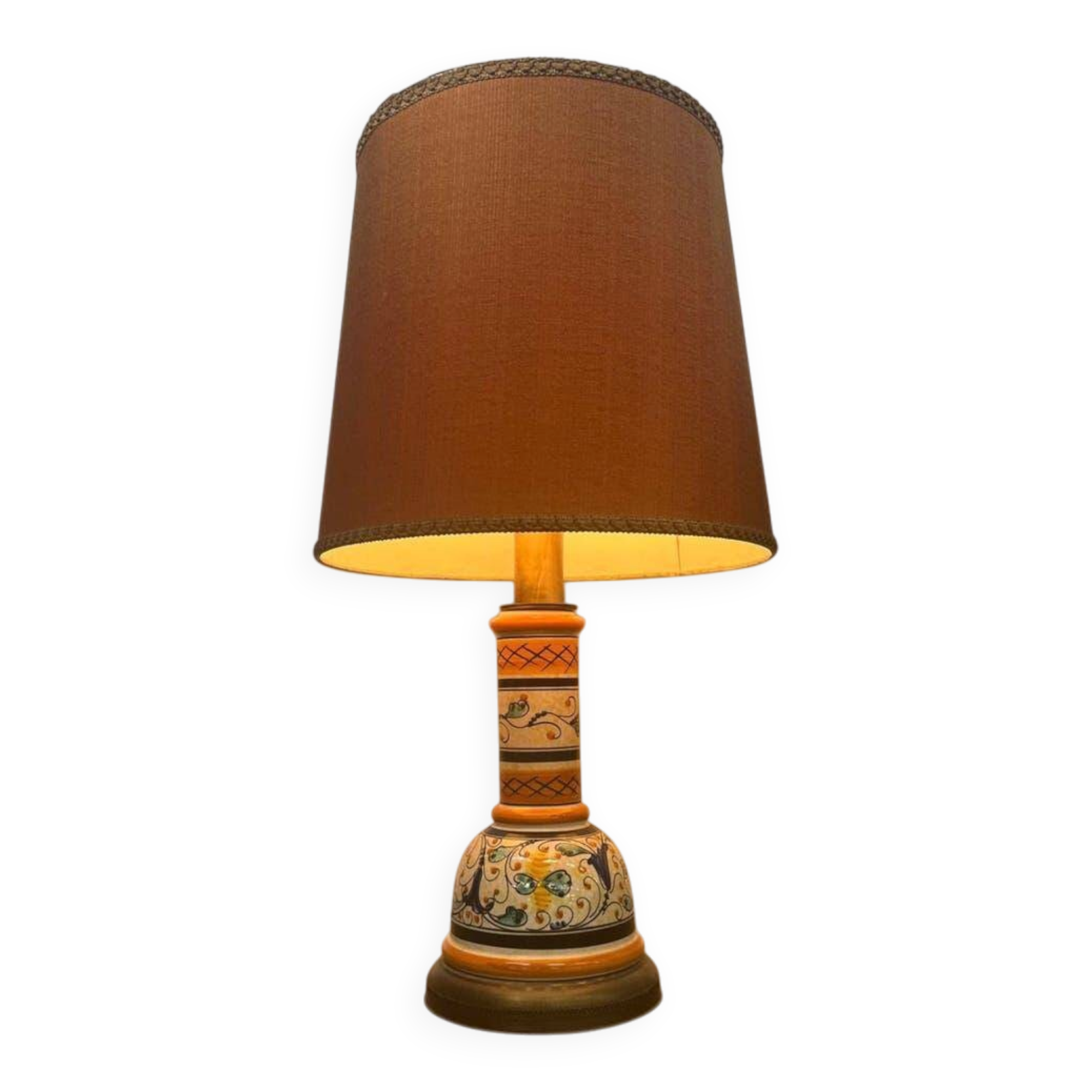 Vintage orange Portuguese table lamp with a ceramic base.