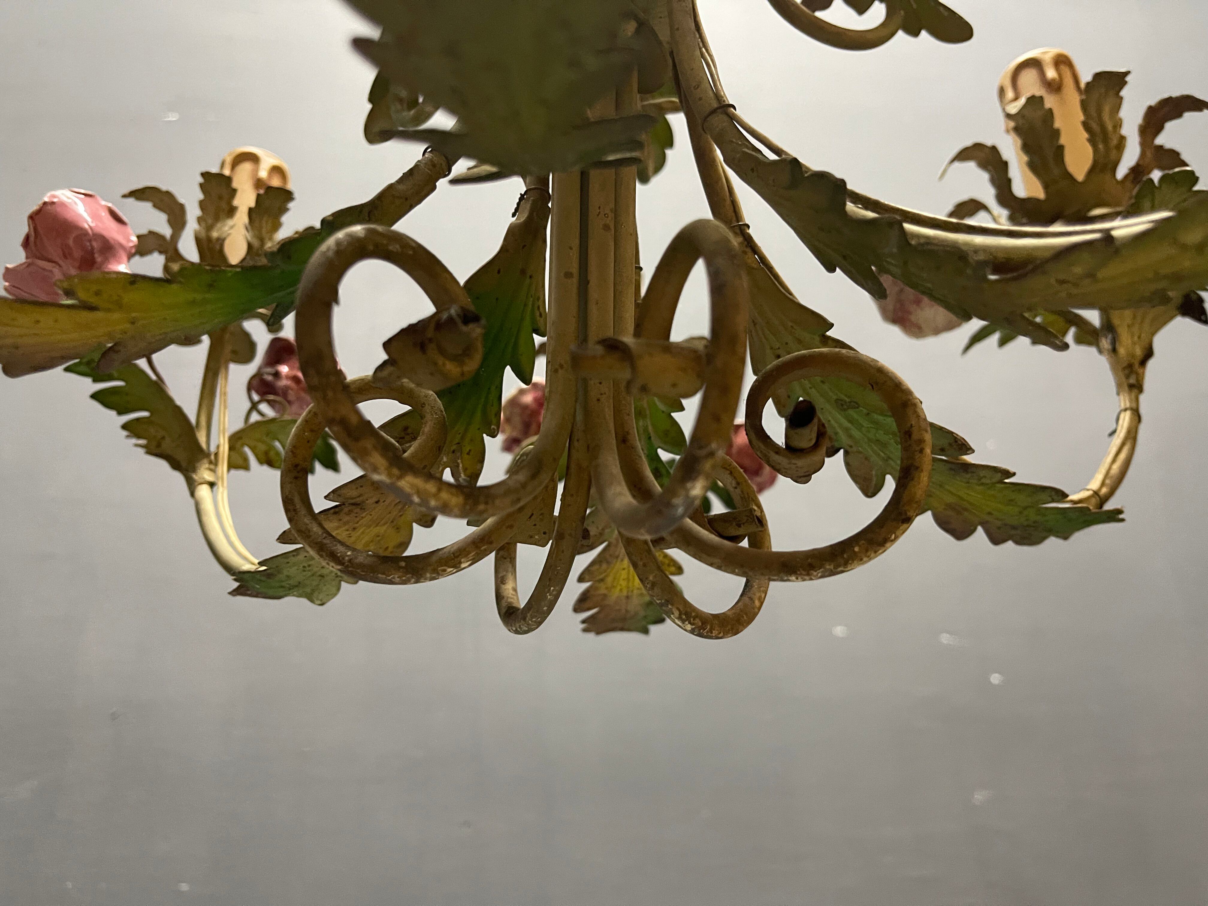 Italian Florentine Tole and Ceramic Flower Chandelier, 1950s