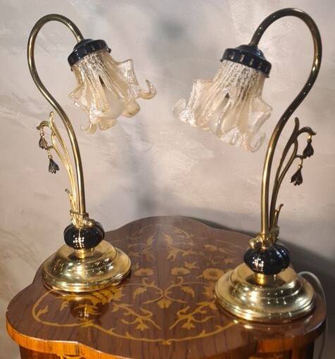 Pair of ceramic and brass lamps in art nouveau style