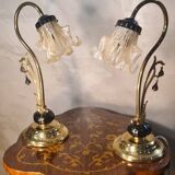 Pair of ceramic and brass lamps in art nouveau style