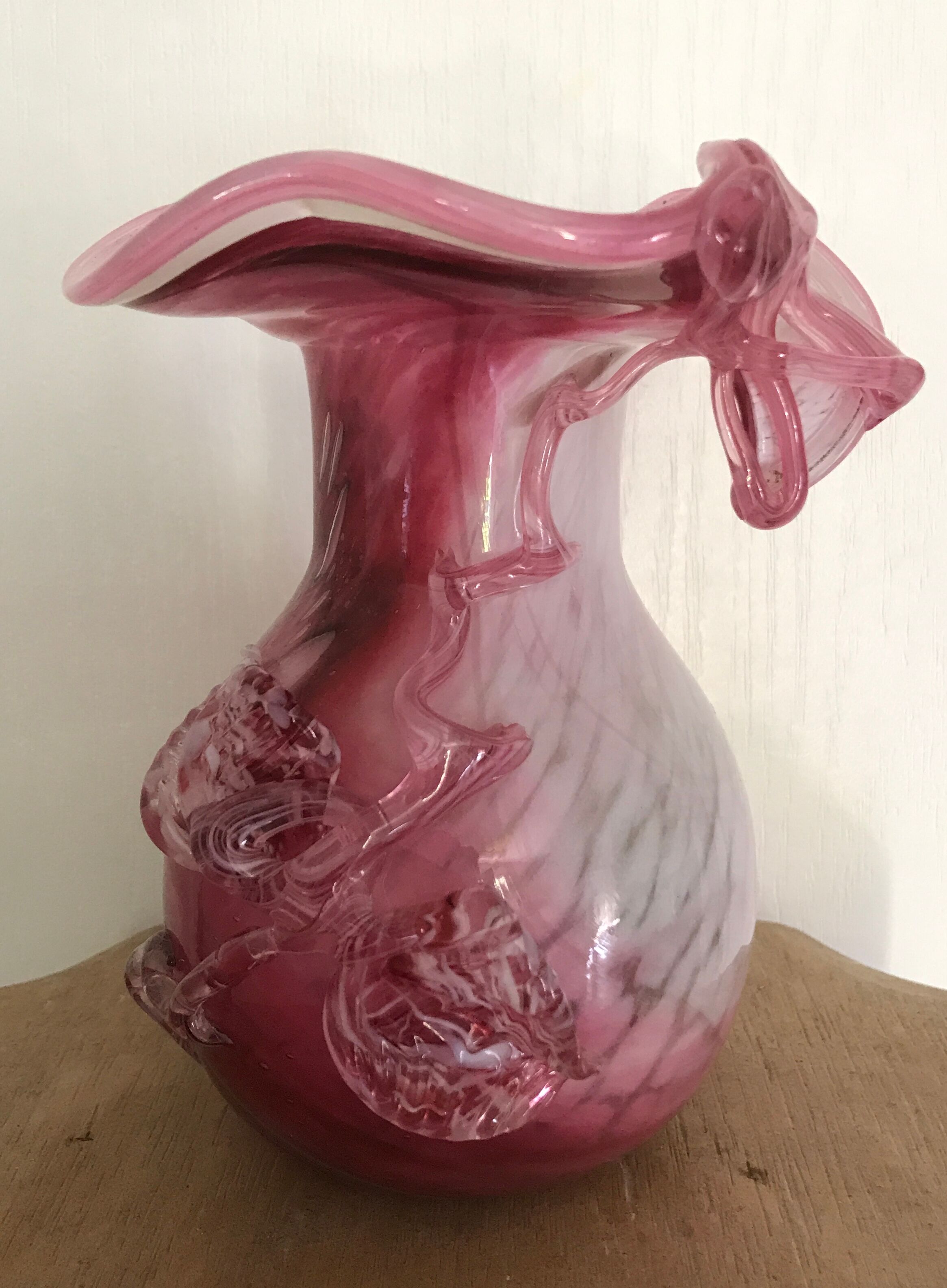 Hand-blown glass vase pink shade with sculptural leaf decor