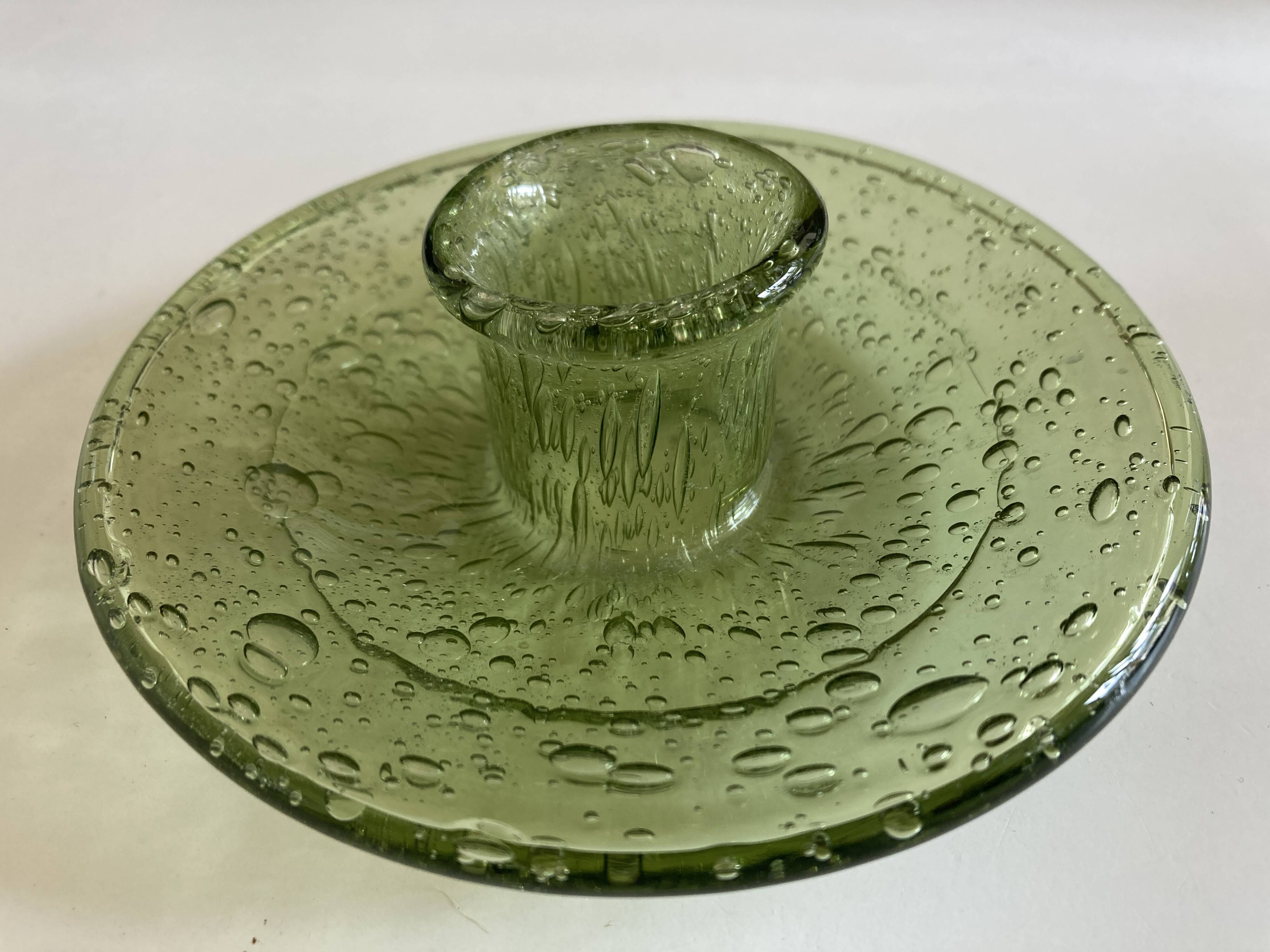Biot candle holder in lime green bubbled glass 1970