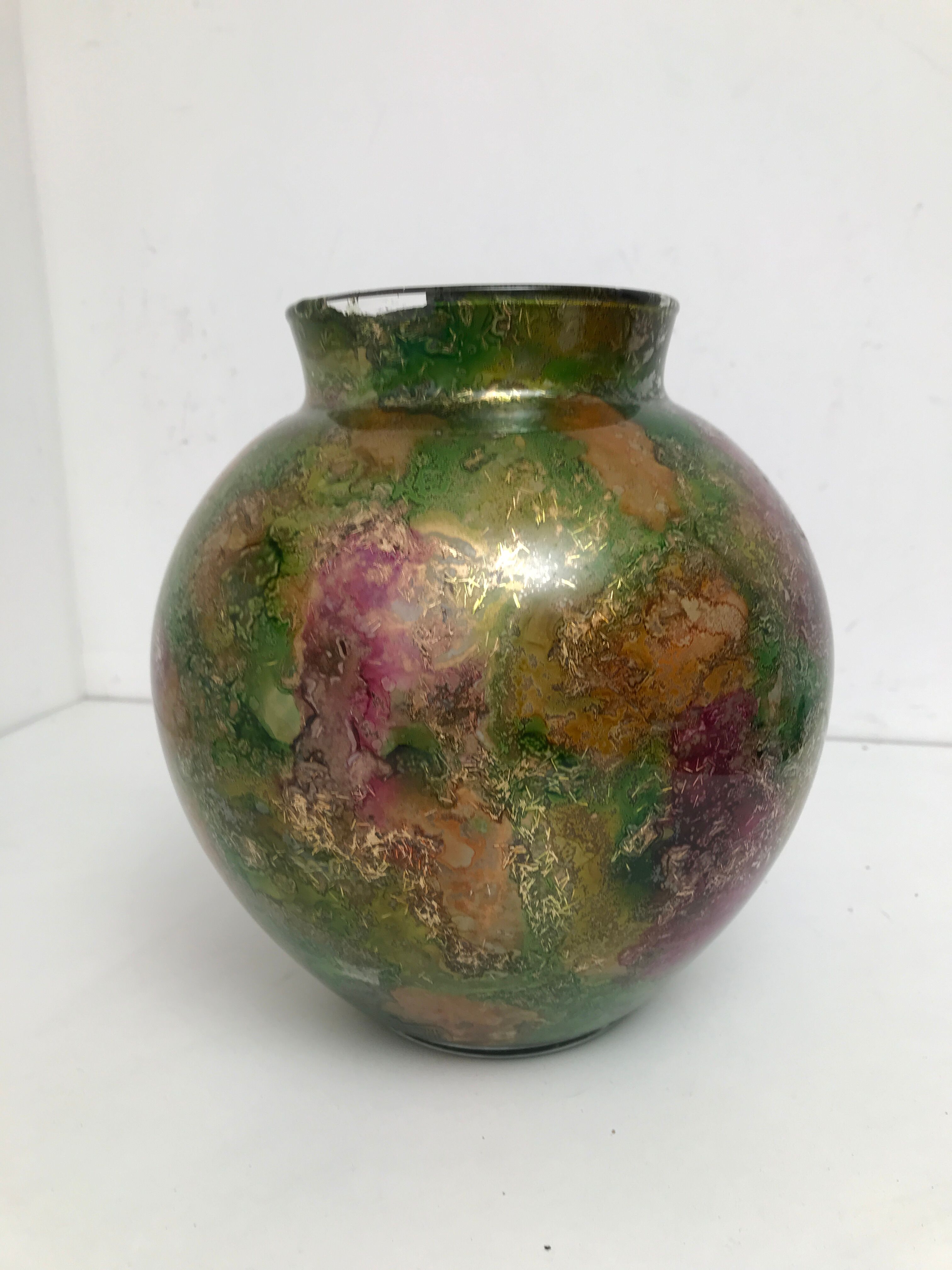 Linear lacquered glass vase 1970-1980 with internal decoration of gold oxides unique handmade piece