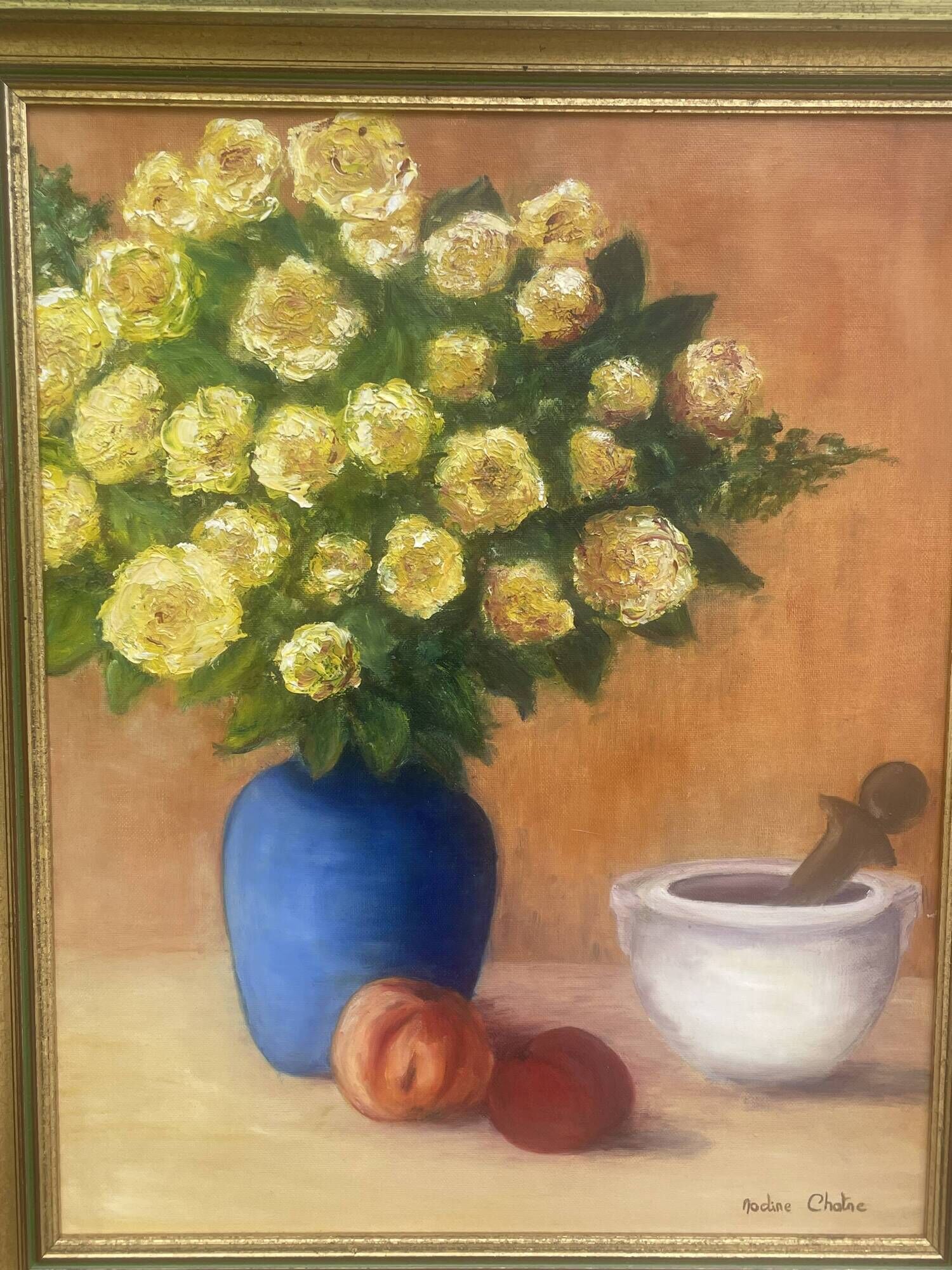 Painting Oil canvas mounted on panel, Still life with bouquet Nadine Chatre