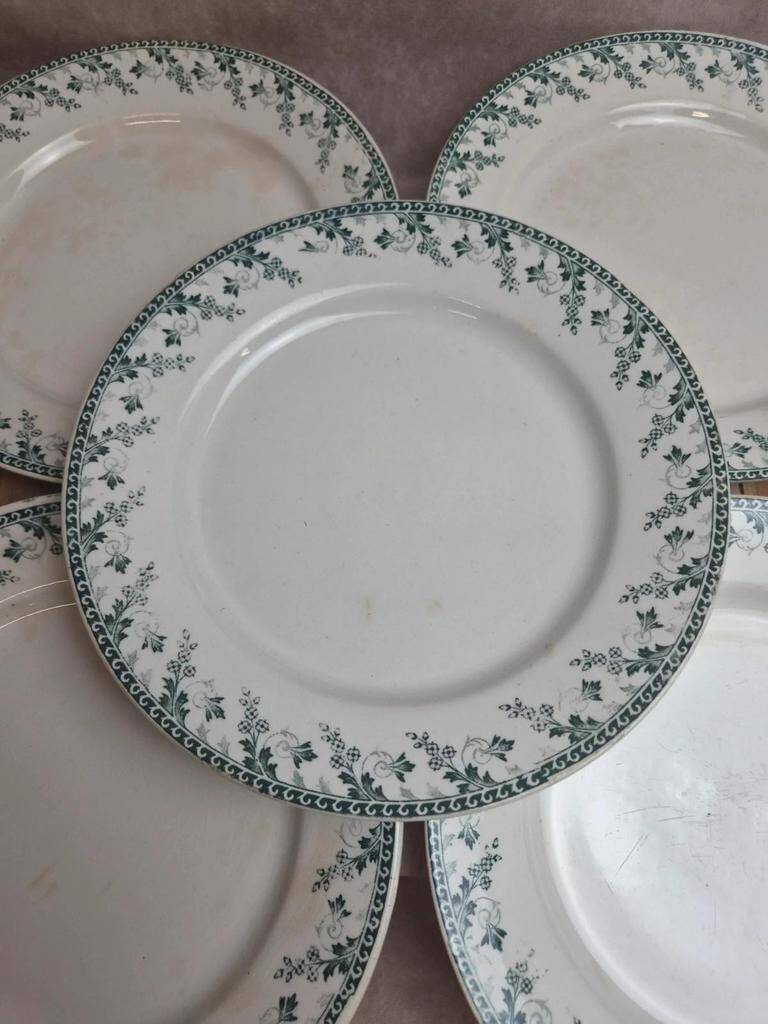 Set of 6 flat plates, Gien Montigny ironstone – old green decoration.