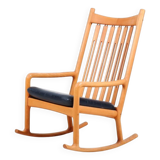Chaise à bascule en hêtre et cuir par Hans Olsen pour Juul Kristensen