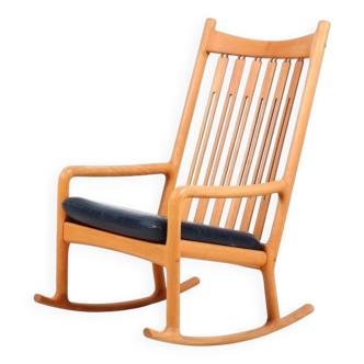 Chaise à bascule en hêtre et cuir par Hans Olsen pour Juul Kristensen