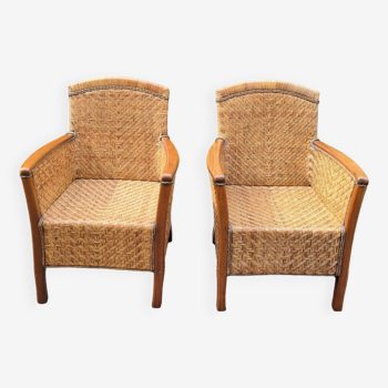 Pair of rattan and wood armchairs