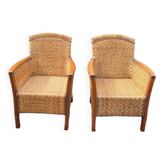 Pair of rattan and wood armchairs