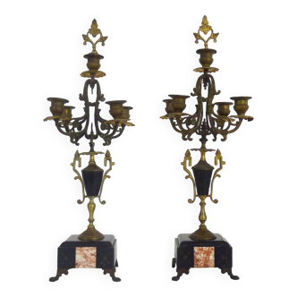 Pair of 5-branched bronze and marble Napoleon III style candelabra. 19th century