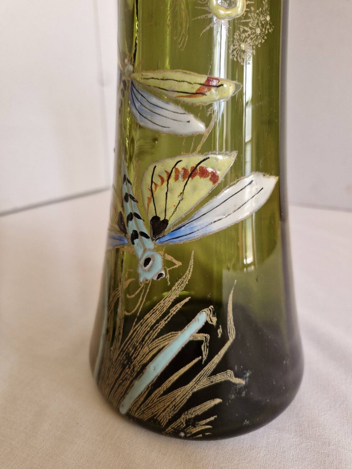 Pair of Enameled Glass Vases with Dragonflies. Unsigned Legras
