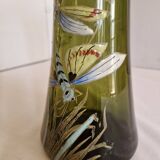 Pair of Enameled Glass Vases with Dragonflies. Unsigned Legras