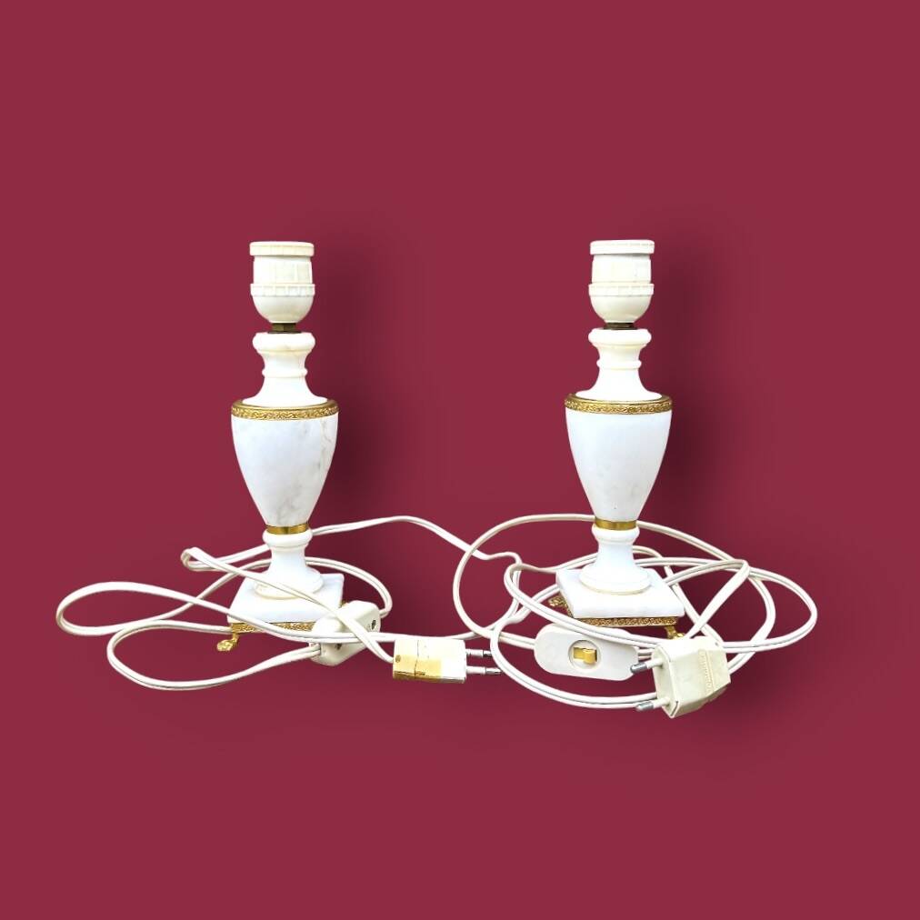 Pair of elegant antique lamp bases in alabaster and gilt brass