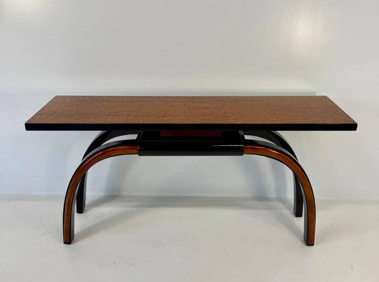 Italian 1940s Art Deco Console in Black Lacquer, Walnut and Maple Burl