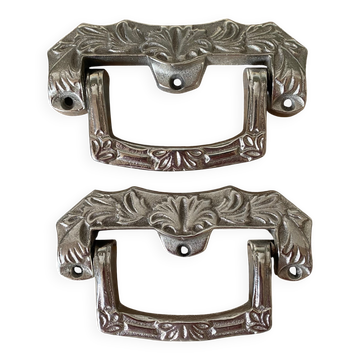 Pair of drop handles in silver-plated metal in Art Deco style