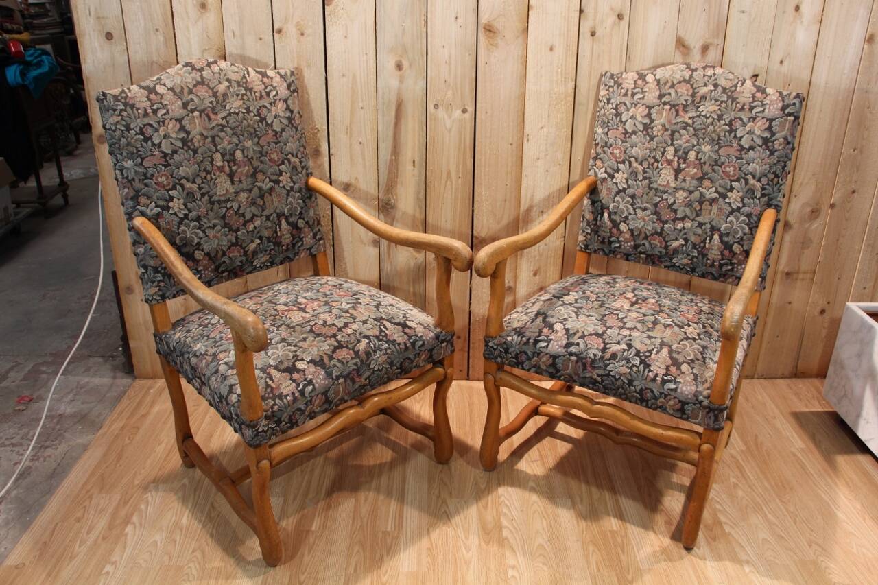 Pair of Louis XIII Style Armchairs in Sheep Bone, Needlepoint Tapestry