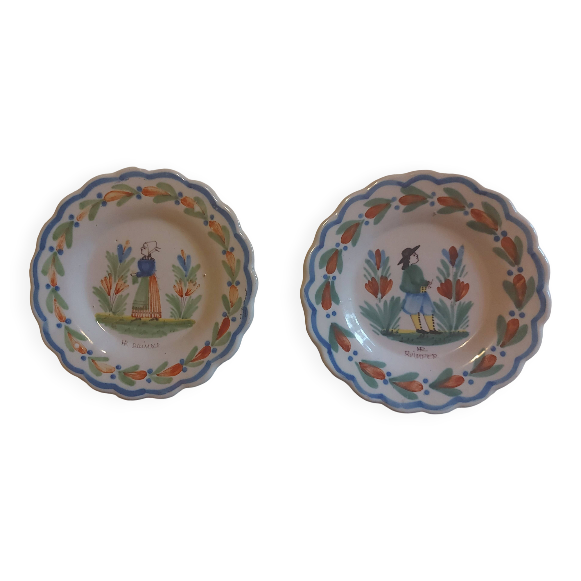 Two antique bowls signed HR from Quimper.