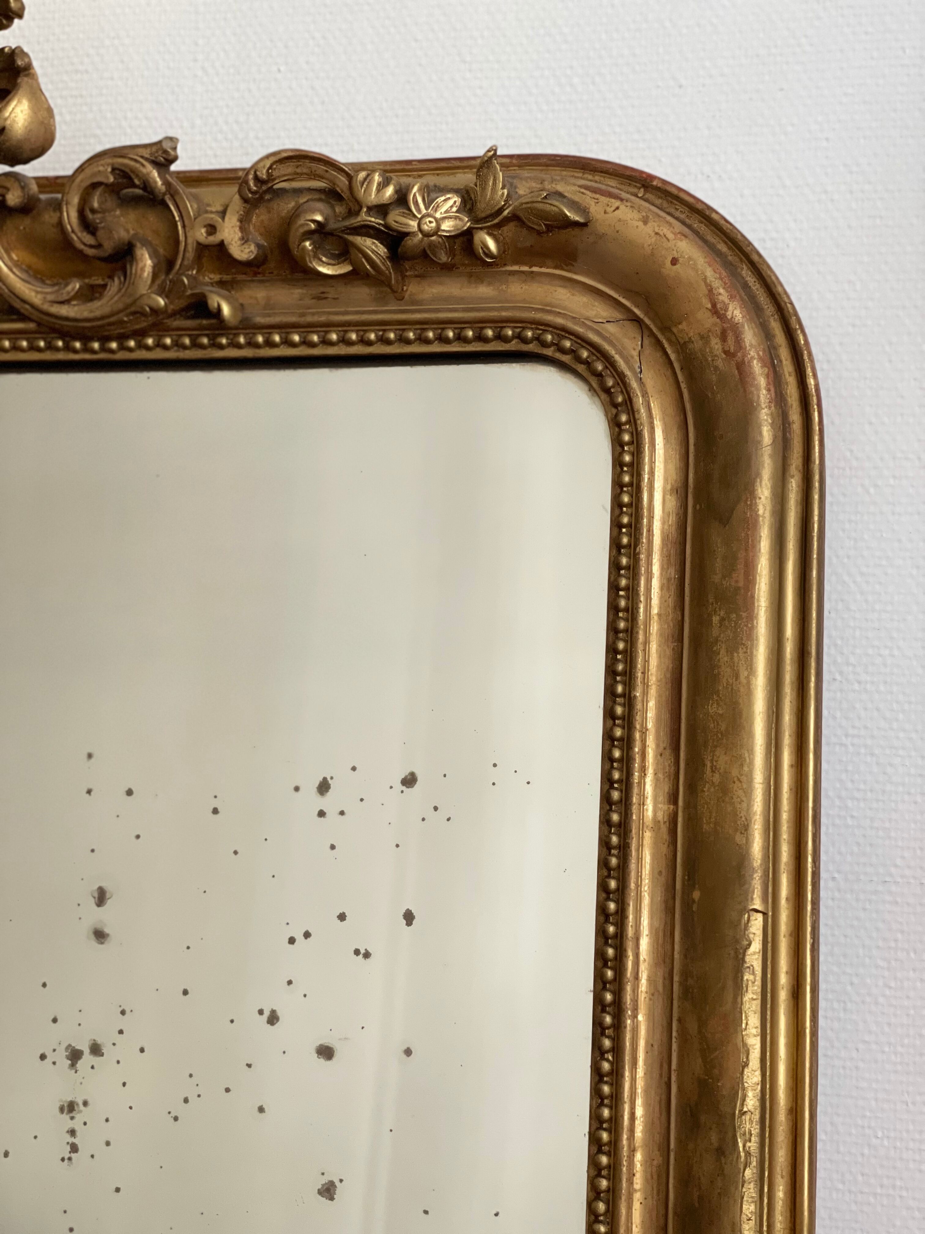 Old mirror louis Philippe Dore gold leaf pediment gilded fireplace