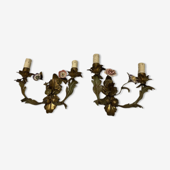 Italian tole sconces with ceramic summer flowers, 1960s , set of 2