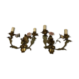 Italian tole sconces with ceramic summer flowers, 1960s , set of 2