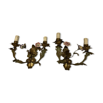 Italian tole sconces with ceramic summer flowers, 1960s , set of 2