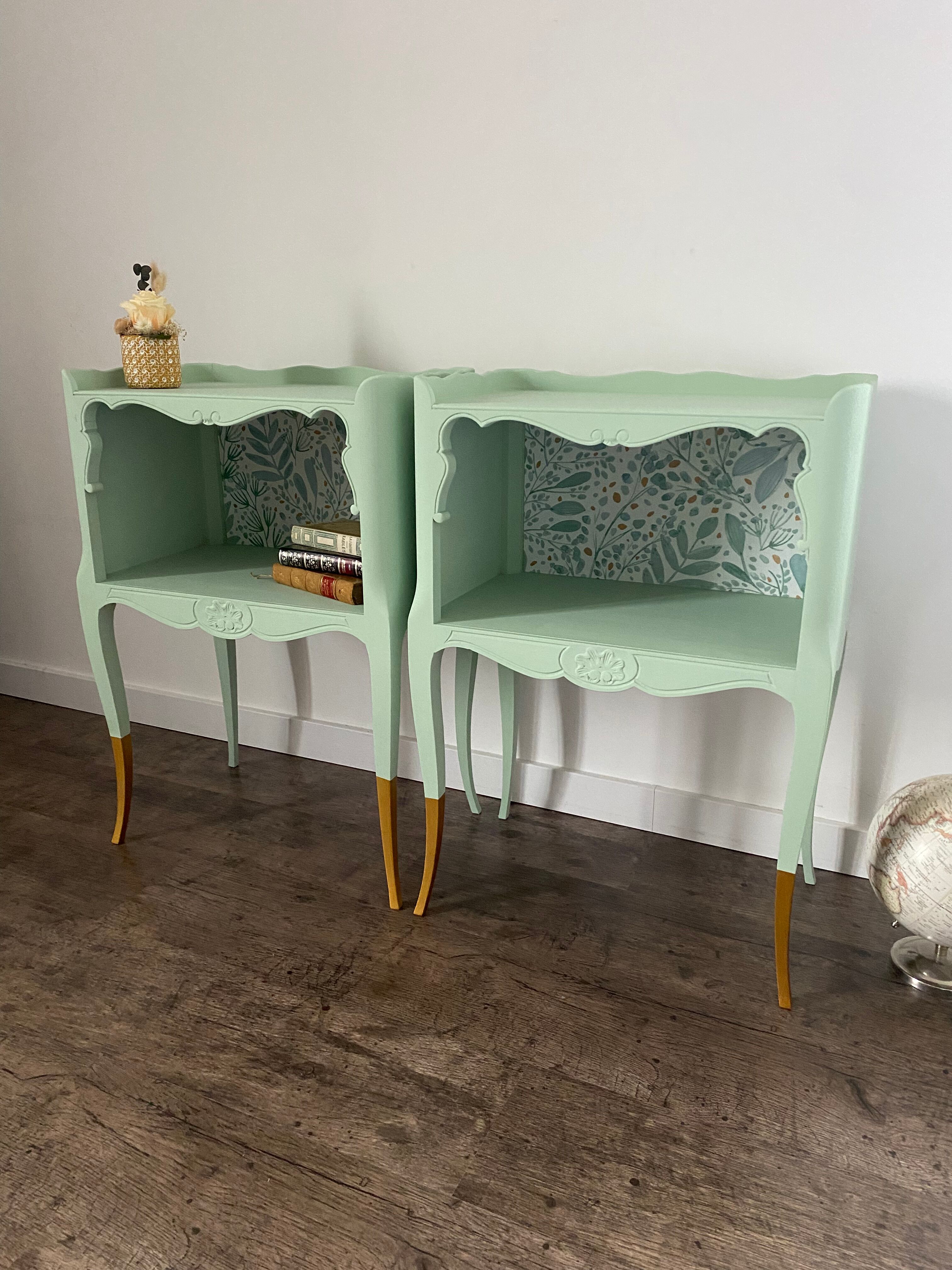 Pair of wooden bedside tables restyled green celadon